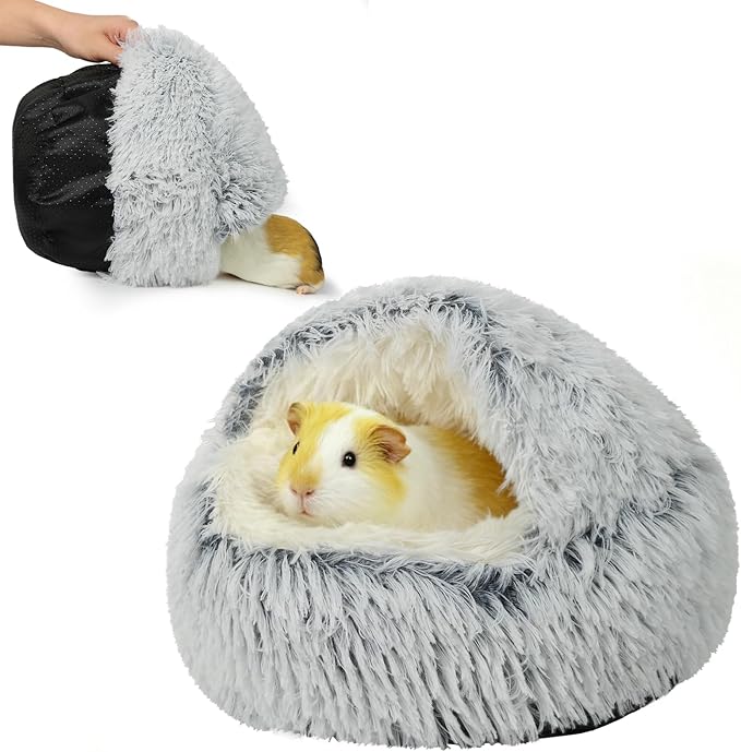Soothing Guinea Pig Hideout, Doughnut Guinea Pig Bed with Hooded Cover, Washable Hamster Rabbit Bunny Bed, Washable Round Cave Beds for Small Animal Bunny Rabbit Hideout (Grey)