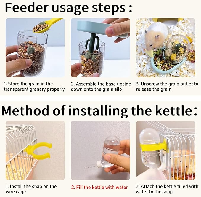 Hamiledyi Automatic Hamster Feeder Rat Food Dispenser Bowl with Water Bottle Food Dish Bowl for Dwarf Hamster Mouse Gerbils (Green)