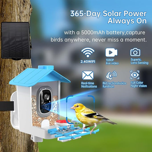 Smart Bird Feeder with Camera Solar Powered - 2K HD Video Birdfeeder, AI Recognition, Real-Time Alerts, Weatherproof Outdoor Bird House for Hummingbirds & Wild Birds (Ideal Gift for Bird Lovers)