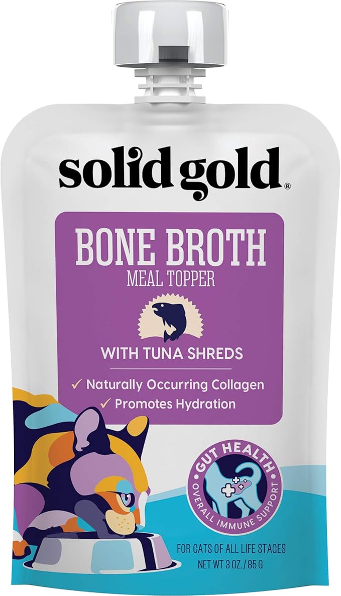 Solid Gold Bone Broth Cat Food Topper - Lickable Wet Cat Food with Protein Shreds for Hydration - Easy to Serve Wet Cat Food Gravy Bone Broth for Cats - Healthy Cat Snacks Treats - Tuna - Single