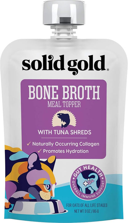 Solid Gold Bone Broth Cat Food Topper - Lickable Wet Cat Food with Protein Shreds for Hydration - Easy to Serve Wet Cat Food Gravy Bone Broth for Cats - Healthy Cat Snacks Treats - Tuna - Single