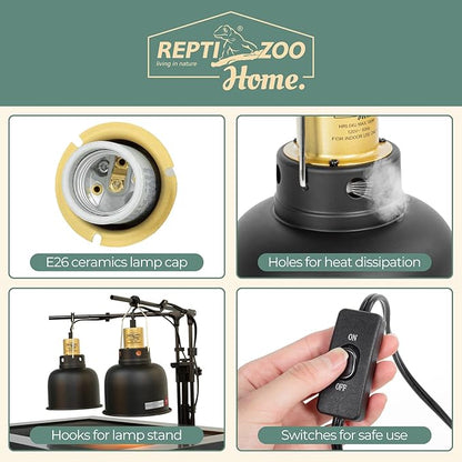 2 Pack Reptile Light Fixture, 5.5in Deep Dome Reptile Heat Lamp Fixture with Switch, Dual Terrarium UVB Basking Light Fixture for Bearded Dragon Snake, Suitable for E26 Bulbs Up to 100W