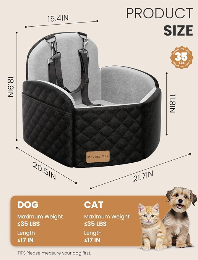 (Up to 35lbs Small/Medium Dog Car Seat Booster Dog Seat for Car Portable with Adjustable Seatbelts Puppy Travel Carrier for SUV,Truck, with Memory Foam Cushion (Black/Grey)