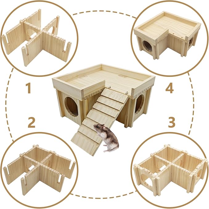 Wooden Hamster Hideout Hamster Wood House with Ladder Hides Platform Decor Detachable Small Animals Cage Accessories for Rat Gerbils and Other Small Pets
