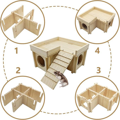 Wooden Hamster Hideout Hamster Wood House with Ladder Hides Platform Decor Detachable Small Animals Cage Accessories for Rat Gerbils and Other Small Pets