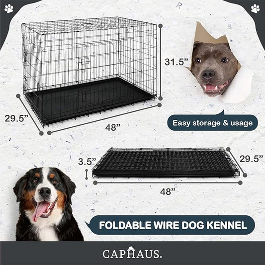 CAPHAUS Foldable Dog Crate Wire Metal Kennel w/Leak-Proof Pan & Protecting Feet & Divider Panel, Small, Medium & Large Indoor Cage, 48” w/Single or Double Doors