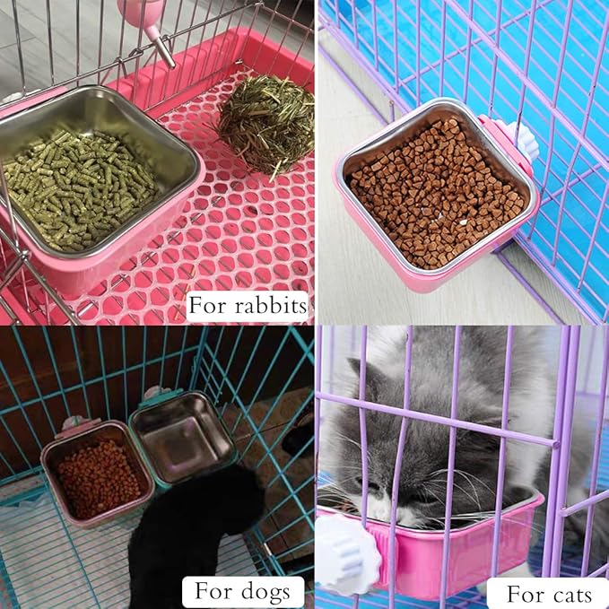 Hamiledyi 2-Pack Hanging Dog Bowls with Removable Stainless Steel Feeder - Spill-Proof Crate Bowls for Kennel/Cage, Puppy to Medium Dogs, Cats, Rabbits & Guinea Pigs (Durable Pet Food & Water Dishes)