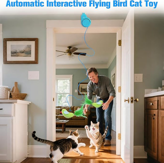 Interactive Cat Toys for Indoor Cats Automatic Electric Flying Bird Feather Cat Toy - Best Kitten & Adult Cat Enrichment Toy Stick-on Hanging Electric Kitty Toys for Bored Cats