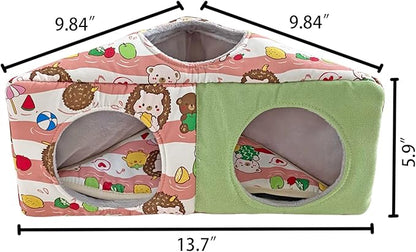 Hedgehog Fleece Corner Hideout Cave Collapsible Pet Play Toy Tunnel Tube Warm House Hidey Hut for Sugar Glider Ferret Hamster Small Animal Beds (Pink/Green)