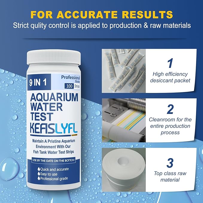 Aquarium Test Strips,100 Strips 9 in1 Saltwater and Freshwater Aquarium Test Kit for Aquarium,Pond and Fish tank,Testing Carbonate,Alkalinity,pH,Hardness,Free Chlorine,Nitrate,Nitrite,copper and Iron.