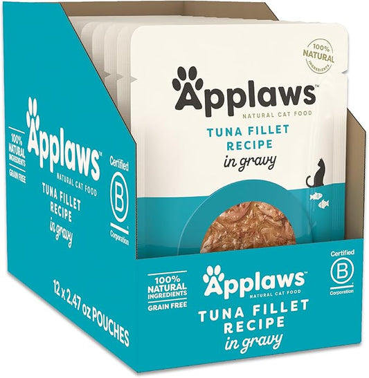 Applaws Natural Wet Cat Food in Gravy, Limited and Natural Ingredients, High Protein with No Artificial Additives, Tuna Fillet in Gravy (12 x 2.47oz Pouches)
