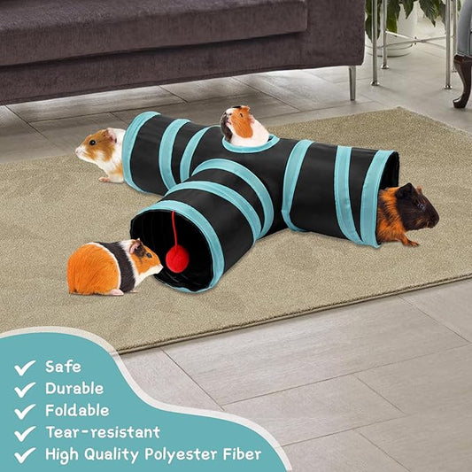 Rypet Guinea Pig Tunnel, 3 Way Collapsible Rabbit Tunnel, Small Pet Tunnels and Tubes with Interactive Ball for Rabbit Ferret Hamster Chinchilla Hedgehog Hiding and Resting
