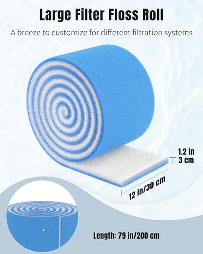 Pawfly Aquarium Filter Floss Roll, 79 x 12 x 1.2 Inch Cuttable Aquarium Filter Pad, Blue and White Aquarium Filter Media Roll for Freshwater Saltwater Fish Tanks & Small Ponds