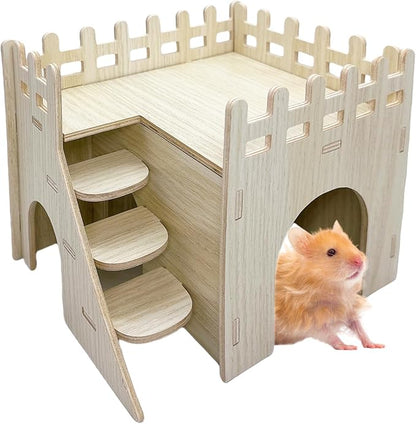 Hamster Wooden House Hamster Hideout Hut Maze Cage Accessories with Ladder and Platform for Syrian Hamsters Dwarf Gerbil Mouse