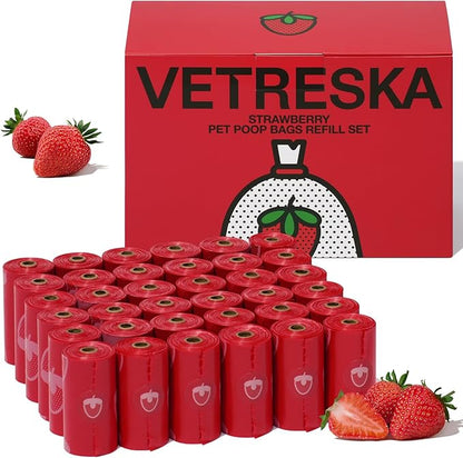 VETRESKA Strawberry Scented Dog Poop Bags, Leak Proof, Extra Thick and Large Pet Waste Bags for Dogs Walking and Cat Litter, 36 Refill Rolls, 540 Bags, Red