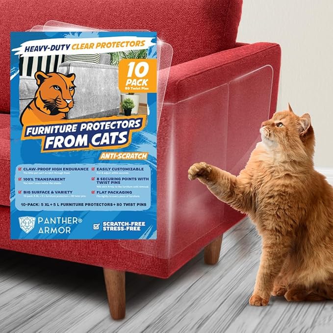 10 Pack Cat Scratch Furniture Protector Sheets – Clear Couch & Sofa Guard from Cat Claws – Easy Apply, Removable, with Twist Pins (5 XL + 5 Large)