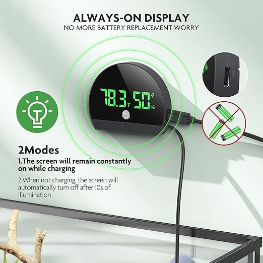 PAIZOO Reptile Thermometer Hygrometer, LED Reptile Tank Thermometer and Humidity Gauge, Rechargeable Digital Hygrometer for Reptile Tank Accessories, Switch Between ℉/℃, Always-on Display Mode