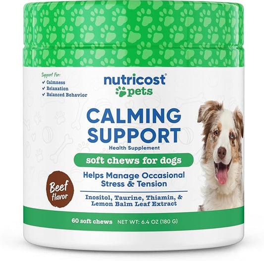 Nutricost Pets Calming Support Soft Chews for Dogs (Beef Flavored) 60 Soft Chews - Helps Manage Occasional Stress & Tension, NASC Certified