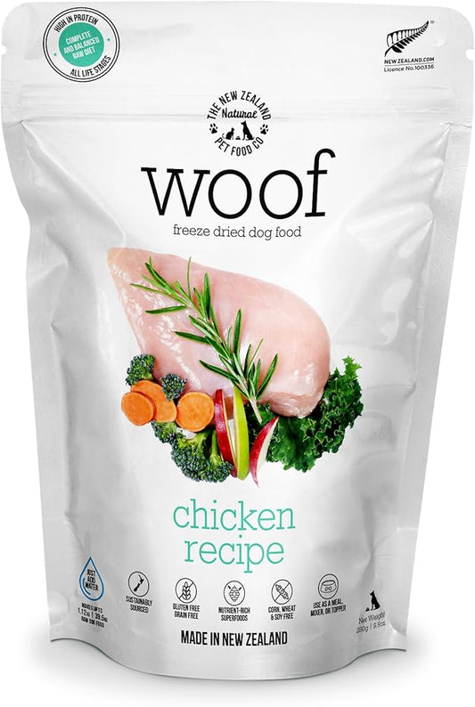 The New Zealand Natural Pet Food Co WOOF Freeze Dried Dog Food - Chicken Recipe, High Protein Dog Treats & Snacks, Dog Food Toppers & Meals, 9.9 oz