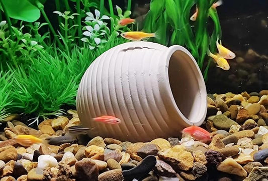 Aquarium Decor Rock Betta Fish Tank Decorations Ceramic Hideout Stone for Fish Shrimp Turtle Crab to Breed, Rest and Play, Small Fish Bowl Hiding Cave, Pot Shaped Betta Toys
