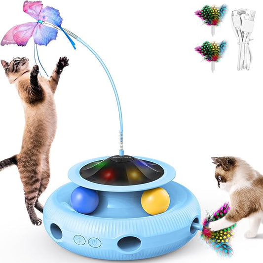 Interactive Cat Toy: 3 in 1 Automatic Cat Toy for Indoor Cats, Electric Kitten Toy with Rechargeable Battery, Self Play Kitty Toys with Rotating Fluttering Butterfly,Track Ball and Ambush Feather,Blue