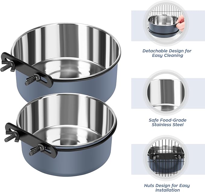Dog Kennel Bowls for Crates, Hanging Dog Crate Water Bowls No Spill, 2 Pack Kennel Food Water Bowl Mountable Cage Accessories, Stainless Steel Pet Dish Feeder Coop Cup for Cat Puppy Bunny Bird Ferret