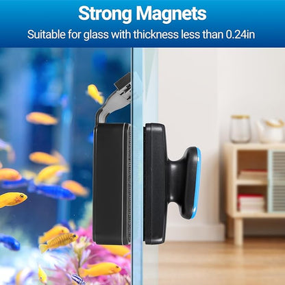 Aquarium Magnet Glass Cleaner, Magnetic Fish Tank Cleaner with Algae Scraper, Double Sided Cleaning Scrubber Brush with Handle, Titanium Blade, Self-Floating, Fit Max 1/4" Thick Glass, Medium