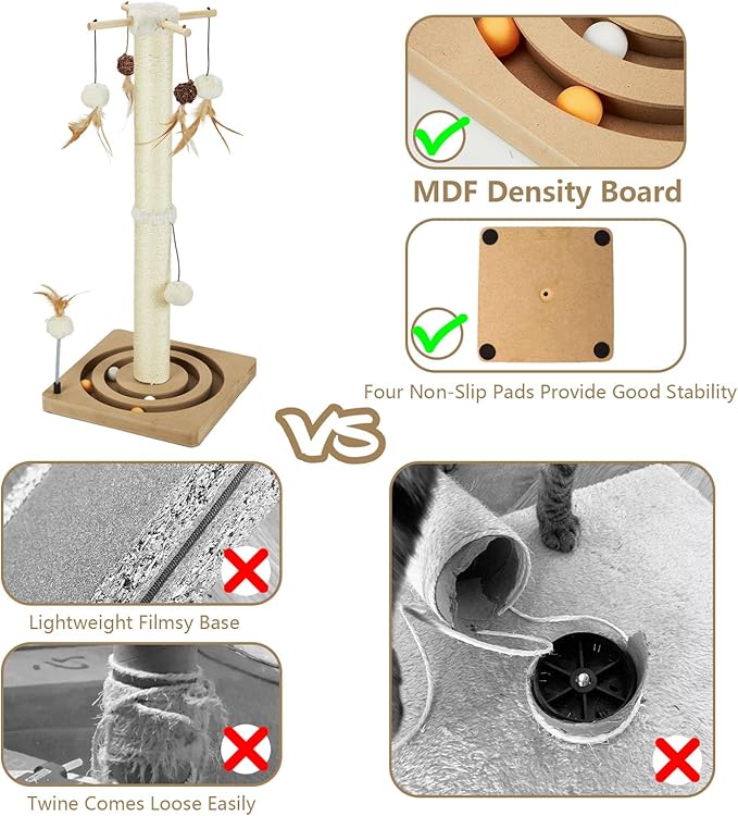 PEEKAB Cat Scratching Post Sisal Scratch Posts for Indoor Cats and Kittens with Tracking Ball Interactive Toys and Hanging Balls 30 Inches Beige