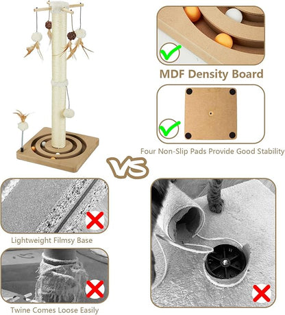 PEEKAB Cat Scratching Post Sisal Scratch Posts for Indoor Cats and Kittens with Tracking Ball Interactive Toys and Hanging Balls 25 Inches Beige