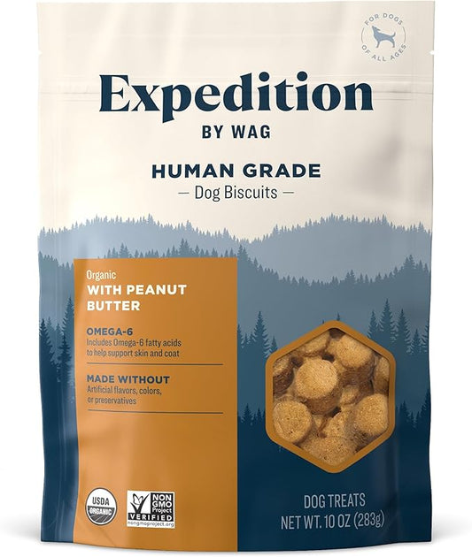 Amazon Brand - Wag Expedition Human Grade Organic Biscuits Dog Treats, Non-GMO, Peanut Butter, 10oz