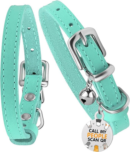 BRONZEDOG Leather Cat Collar with Removable Bells Non Breakaway Kitten QR Tag for Girl Boy (9" - 12" Cats/Mini Dogs, Turquoise & Silver)
