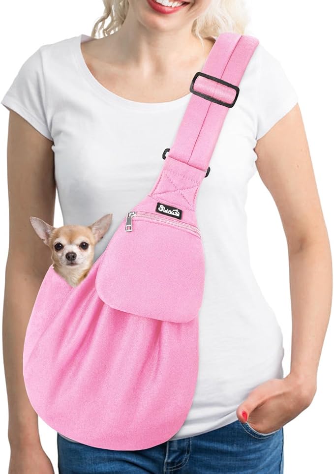 Lukovee Pet Sling, Hand Free Dog Sling Carrier Adjustable Padded Strap Tote Bag, Shoulder Bag with Safety Belt & Front Pocket for Small Dog Cat Puppy (Pink-WY,S)