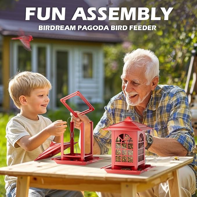 Birdream Bird Feeders for Outdoors Hanging, Classic Courtyard Design Fun Assembly 3.5LB Large Bird Feeder, Attracting Wild Birds Cardinals Goldfinches Sparrows - Red