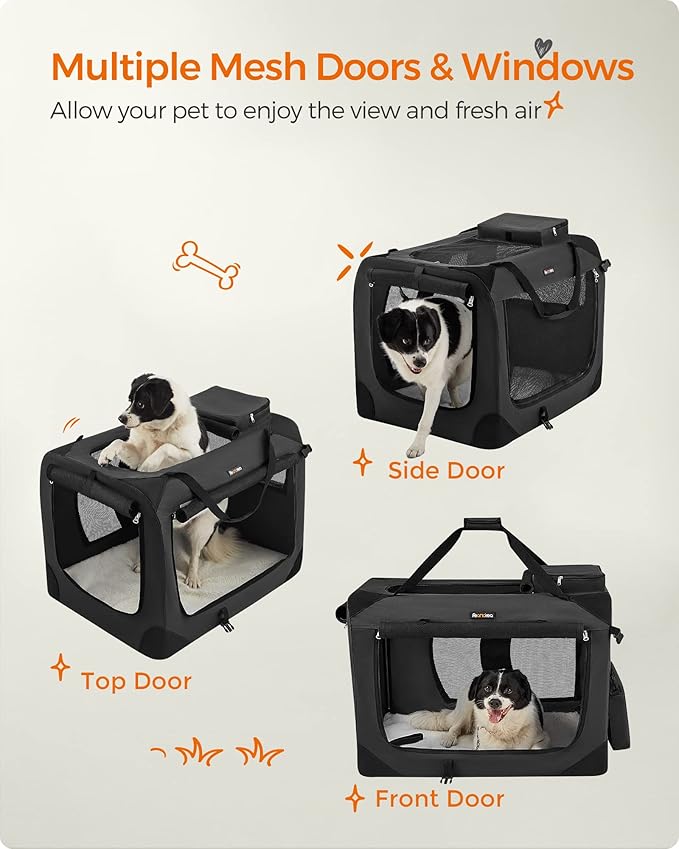 Feandrea 32 Inches Collapsible Soft Dog Crate, Portable Travel Dog Crate for Indoor and Outdoor Use, Dog Carrier Kennel with Safety Zippers, for Living Room, Car, Travelling, Camping, Black UPDC80H