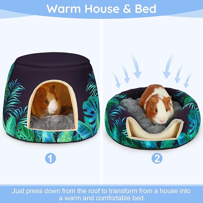 Glittme Guinea Pig Hideout,2 in 1 Guinea Pig Bed with Removable Pad, Washable Bunny Bed,Rabbit,Leaves