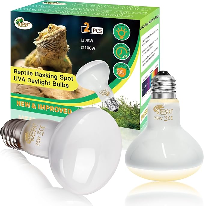 Pack of 2 Reptile Basking Light Bulbs - Incandescent 75W Simulated Sunlight UVA Heat Bulbs for Bearded Dragons, Geckos, Iguanas, Lizards, Amphibians & Small Pets