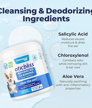 VETNIQUE Oticbliss Advanced Cleaning Ear Wipes for Dogs & Cats for Odor Control, Dirt and Wax Removal with Soothing Aloe Vera, Drying Agent and Vitamin E, Clear the Ear 100ct Wipes