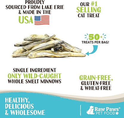 Raw Paws Smelt Freeze Dried Minnows for Cats & Dogs, 2-oz - Made in USA - Freeze Dried Fish for Cats - Single Ingredient Fish Dog Treats - Minnows Dog Treats