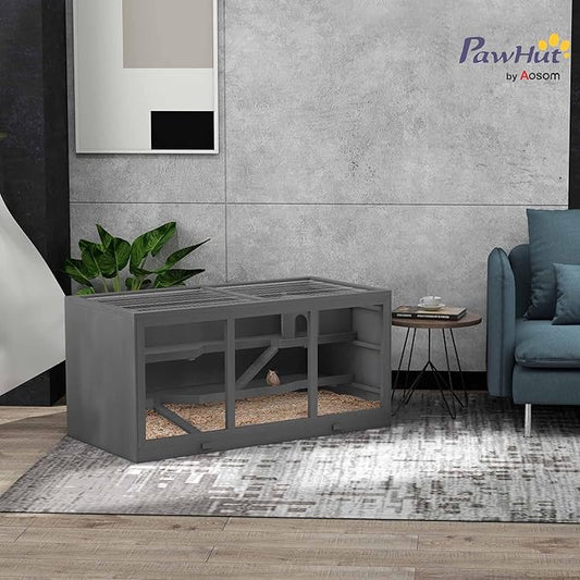 PawHut 45" Extra Large Wooden Hamster Cage, 3-Layer Rat Cage with Opening Roof, PVC Window, Small Animal Habitat for Gerbil, Dwarf & Syrian Hamsters, Gray