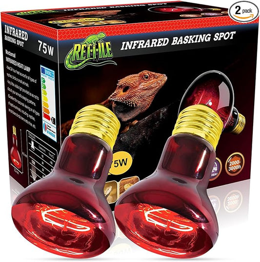 Reptile Heat Lamp Bulb 75W 2PCS, Infrared Heat Emitter Red Heat Lamp for Reptile Amphibian, Infrared Basking Spot Light Bulb