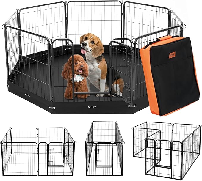 VEVOR Dog Playpen, 8 Pcs 24 x 24 in Panels Foldable Metal Pet Exercise Pen, Dog Fence Indoor and Outdoor Pen with Door, Storage Bag and Bottom Pad, Pet Playpen for Dogs, Cats and Other Small Animals