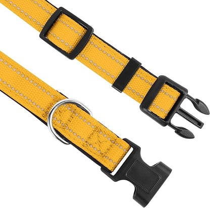 Reflective Dog Collar, Adjustable Soft Neoprene Padded Nylon Pet Collars with Buckle for Small Dogs, Yellow,S