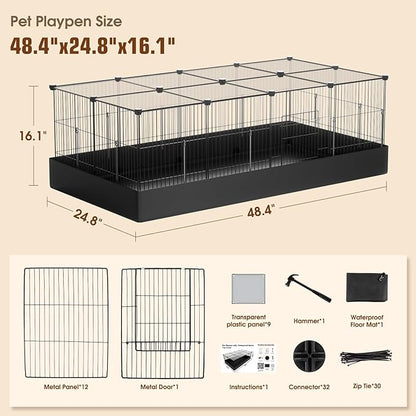 20 Panels Small Animal Playpen with Removable Top Cover & Waterproof Mat - Durable Metal Wire Yard Fence for Guinea Pigs, Rabbits, Kittens, Puppies, Hamsters - Indoor & Outdoor Pet Cage with Roof