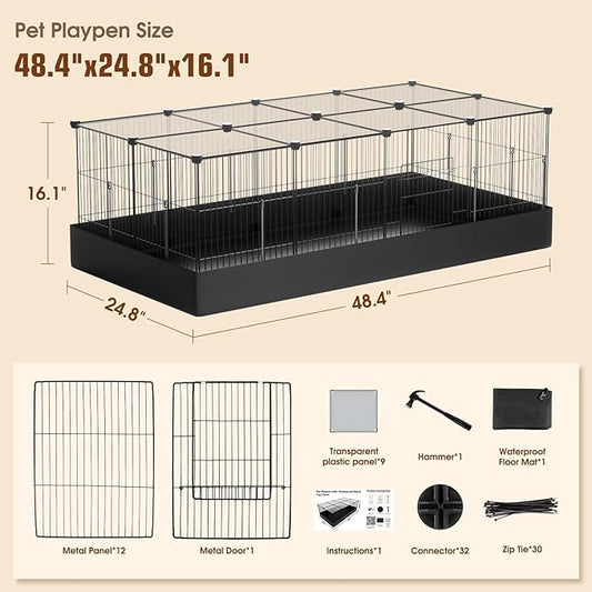 20 Panels Small Animal Playpen with Removable Top Cover & Waterproof Mat - Durable Metal Wire Yard Fence for Guinea Pigs, Rabbits, Kittens, Puppies, Hamsters - Indoor & Outdoor Pet Cage with Roof
