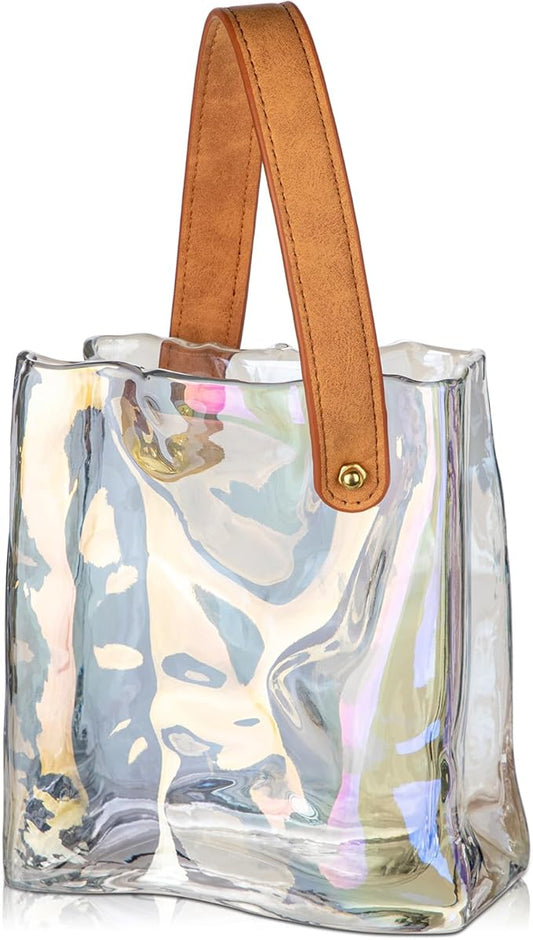 Glass Purse Vase for Flowers Iridescent Vases for Centerpieces Glass Bag Vase with Leather Handle Small Handbag Vases for Decor Decorative Fish Bowl for Home Wedding Decor