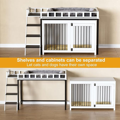 PAKASEPT Dog Crate Furniture, Pet Bunk Bed with Stairs and Storage, Dogs/Cats Window Perch, with Multi-Purpose Blanket and Fluffy Dog Bed for Small Medium Size (55.1L x 28.5" W x 37.4" H)