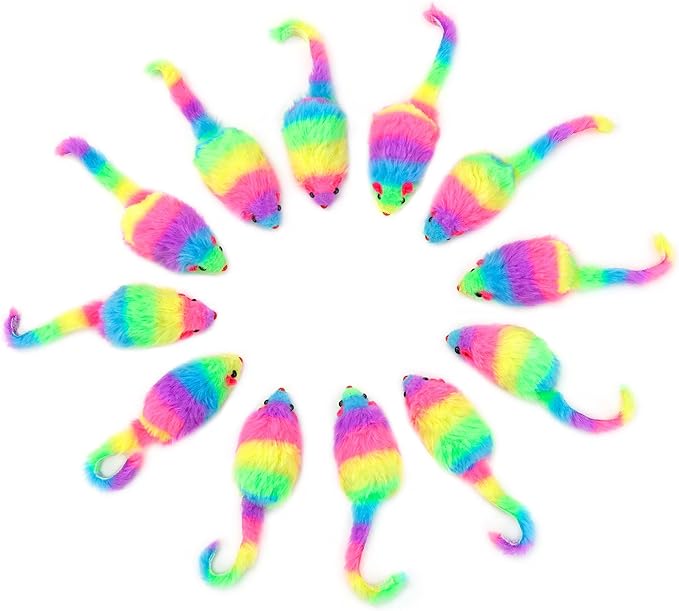 CHIWAVA 24PCS 2.8" Rainbow Color Furry Cat Toy Mice with Rattle Kitten Mouse Interactive Play