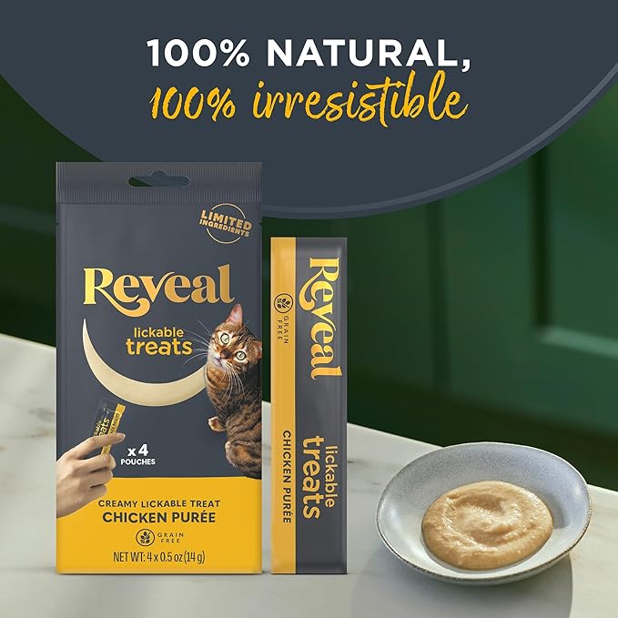 Reveal Lickable Cat Treats, Natural Purée Treats for Cats, Grain Free and Made with Limited Ingredients, Chicken Squeeze Up Cat Treats (40 x 0.5 oz Sachet Multipack)