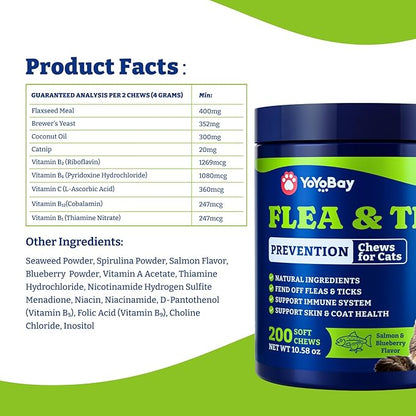 Flea and Tick Prevention for Cats - 200 Soft Chews Natural Cat Flea Treatment, Salmon & Blueberry Flavor - Flea Treatment for Cats, Cat Oral Flea, Immune Support Supplement