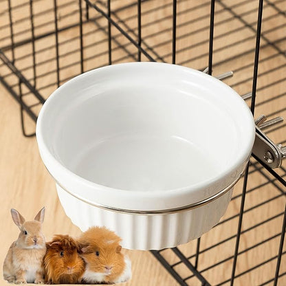 Rabbit Hanging Ceramic Bowl, Removable Cage Feeder Thick Ceramic Bowl with Stainless Steel Support Ring Pet Water Food Bowl for Small Animal Chinchilla Ferret Small Dog & Cat (4.92 * 1.97”)